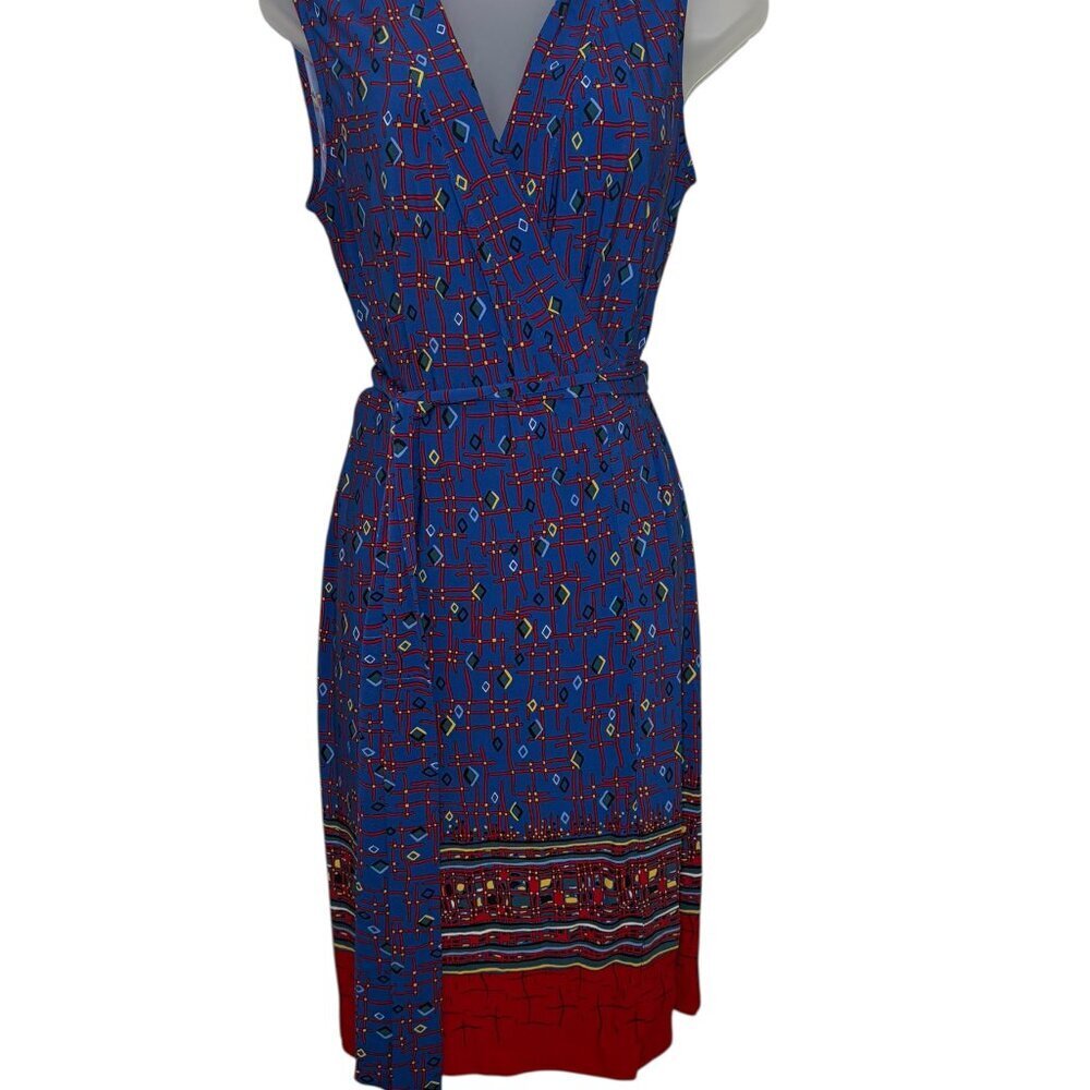 Anne Klein Blue Geo Print Wrap Dress Size 10 Tie Waist V-Neck - Picture 2 of 6
